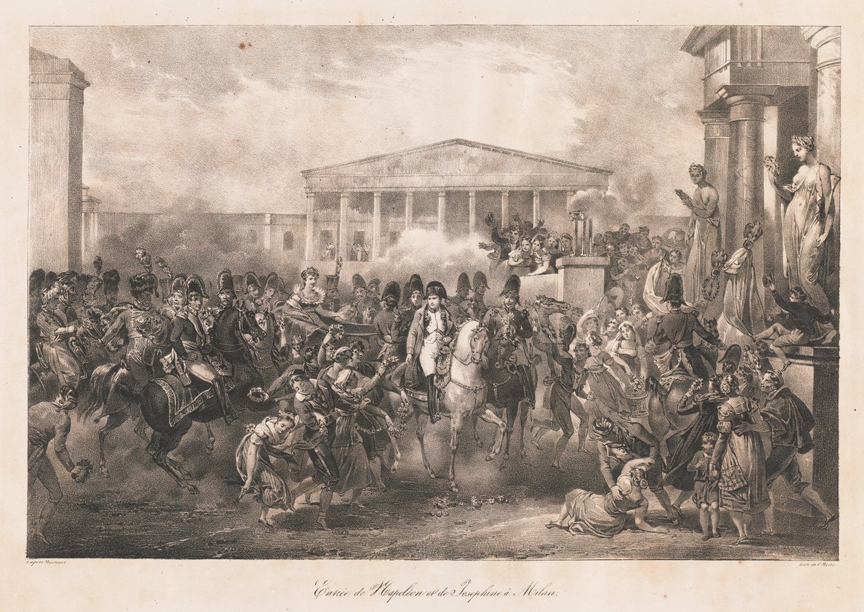 Napoleon og Josephines inntog i Milano, tidlig på 1800-tallet (litho) av Charles Etienne Pierre Motte