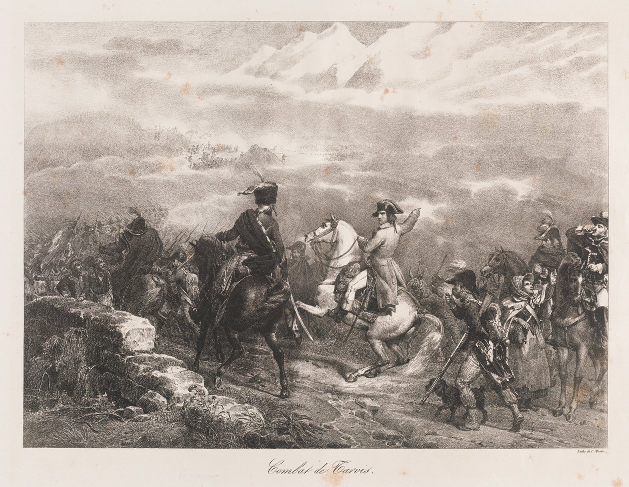 Fight of Tarvis, tidlig på 1800-tallet (litho) av Charles Etienne Pierre Motte