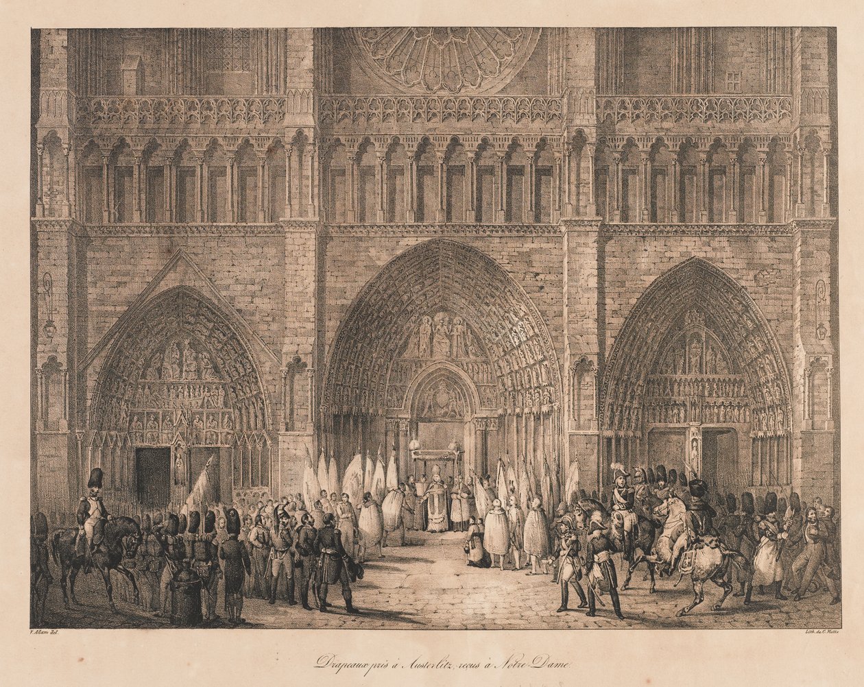 Flagg tatt på Austerlitz Mottatt på Notre Dame, tidlig på 1800-tallet (litho) av Charles Etienne Pierre Motte
