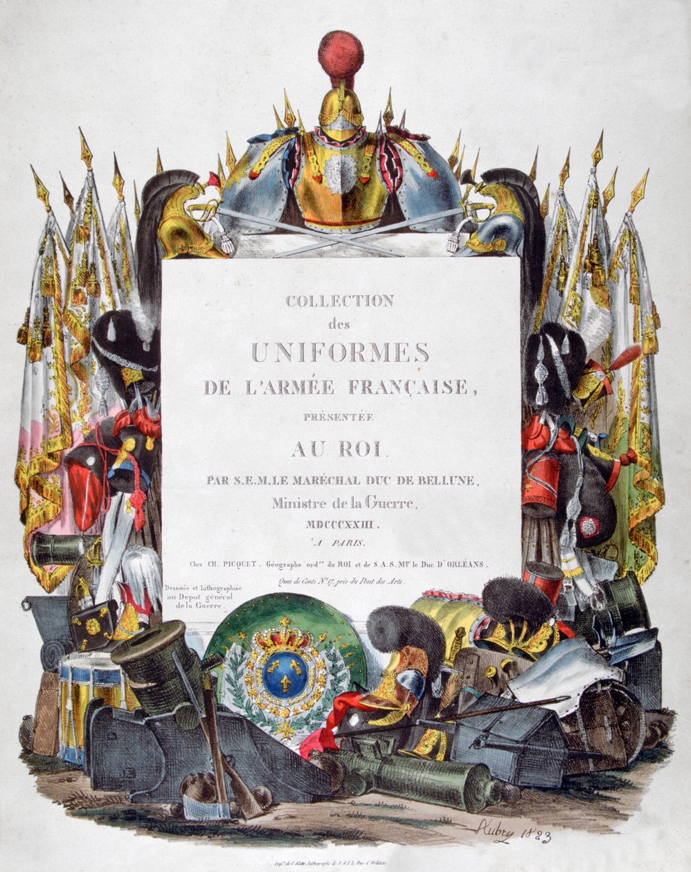 Frontispice av samlingen av uniformer fra den franske hæren presentert for kongen, 1823. av Charles Etienne Pierre Motte
