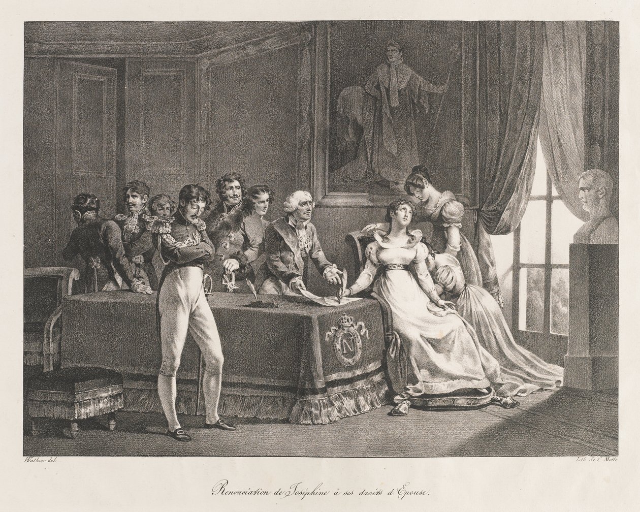 Josephine gir avkall på rettighetene sine, tidlig 1800-tallet (litho) av Charles Etienne Pierre Motte