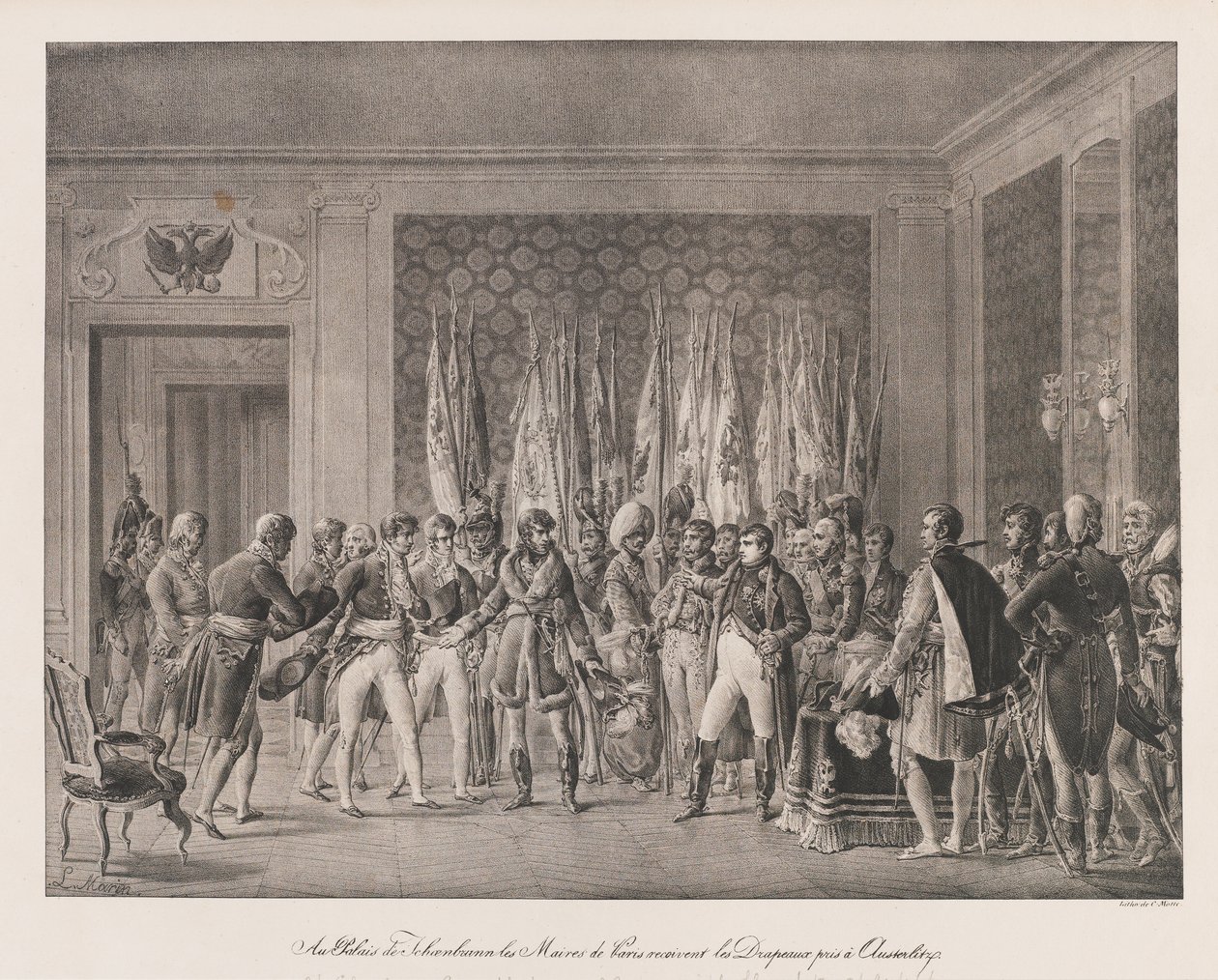 Maires of Paris mottar flagget til Austerlitz, tidlig på 1800-tallet (litho) av Charles Etienne Pierre Motte