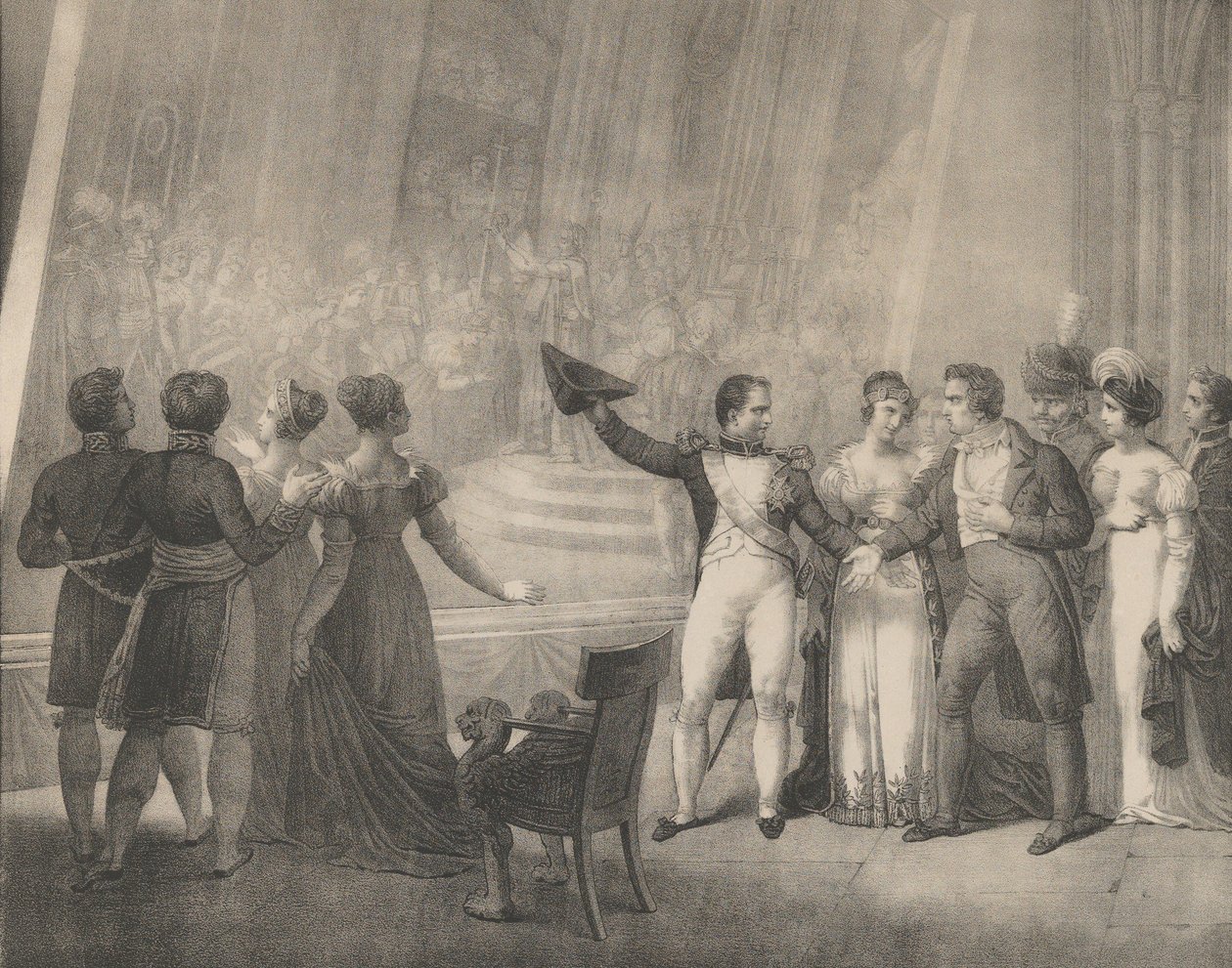 Napoleon og Josephine på besøk i Davids studio, 4. januar 1808, ca. 1820-30. av Charles Etienne Pierre Motte