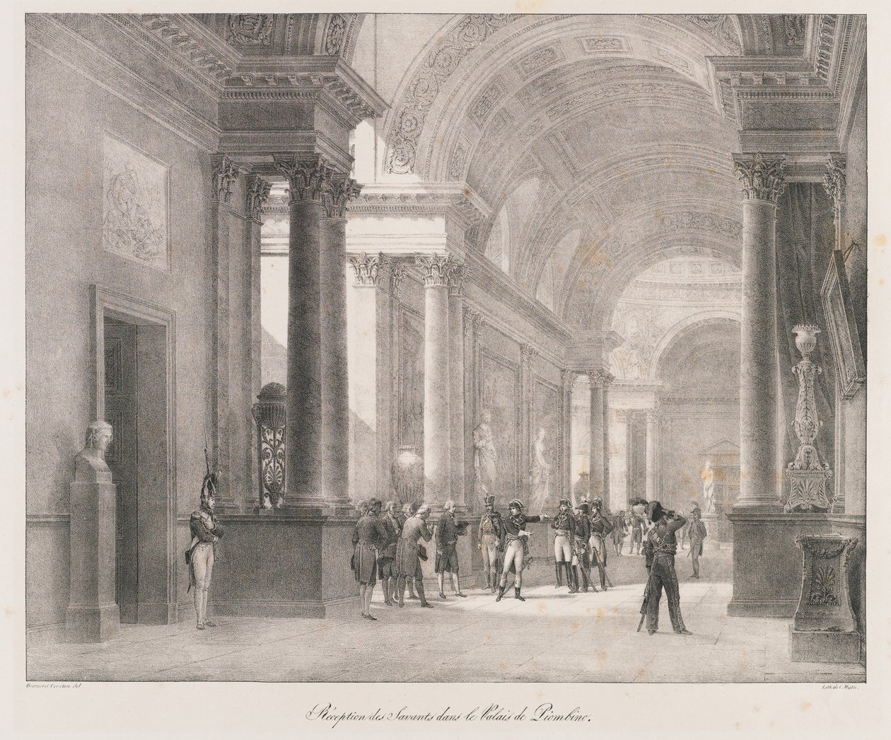 Resepsjon av Savants, tidlig på 1800-tallet (litho) av Charles Etienne Pierre Motte