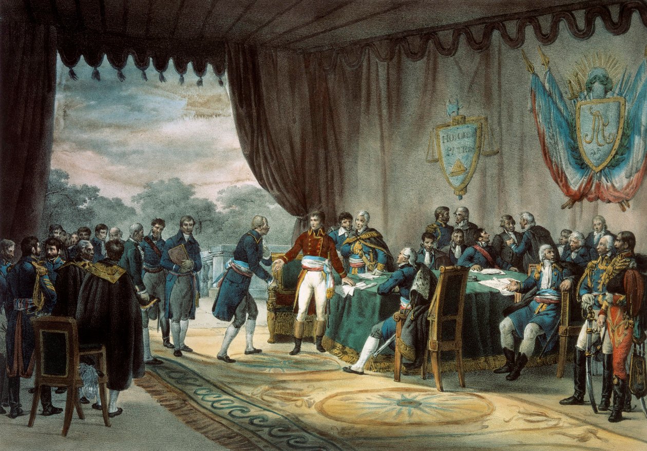 Underskrift av Mortefontaine-traktaten 30.09.1800 hvor Frankrike (representert av Napoleon Bonaparte (1769-1821)) selger Louisiana til USA. Litografi av C. Motte (1800-tallet) Paris, B.N. av Charles Etienne Pierre Motte