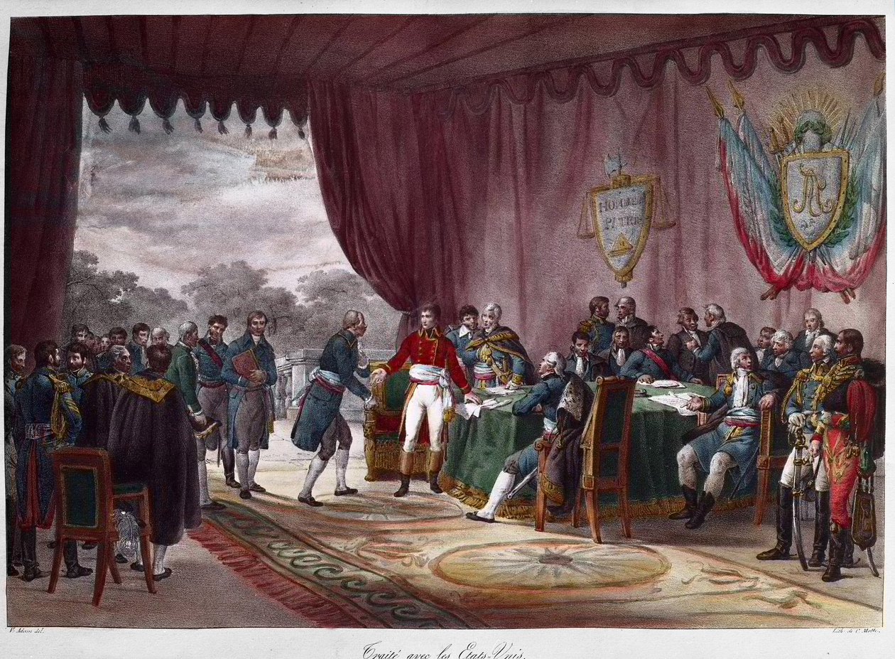 The Signing of the Treaty of Mortefontaine, 30th September 1800 - between Joseph Bonaparte (1768-1844) and the United States; the sale of Louisiana to America - Signature du Treat de Mortefontaine on 30/09/1800 during which France (represented by Joseph Bo av Charles Etienne Pierre Motte