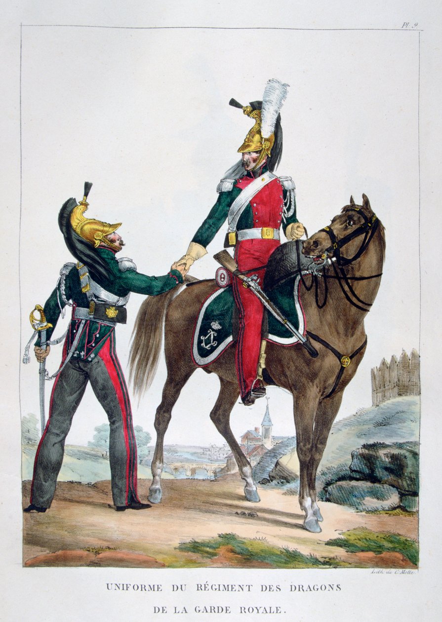 Uniform av et regiment av dragoner fra den kongelige garde, Frankrike, 1823. av Charles Etienne Pierre Motte