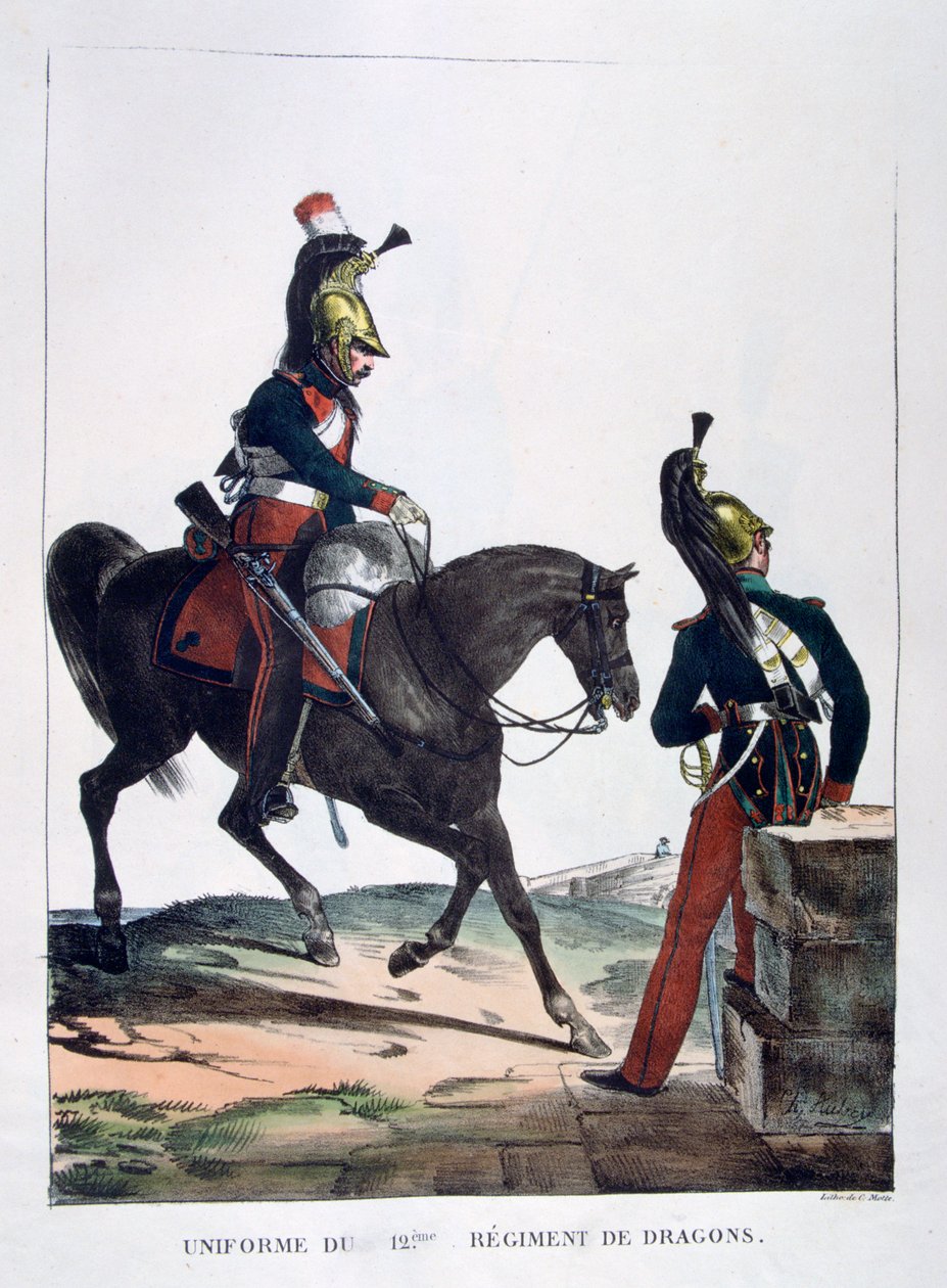 Uniform av det 12. Regiment of Dragons, Frankrike, 1823. av Charles Etienne Pierre Motte