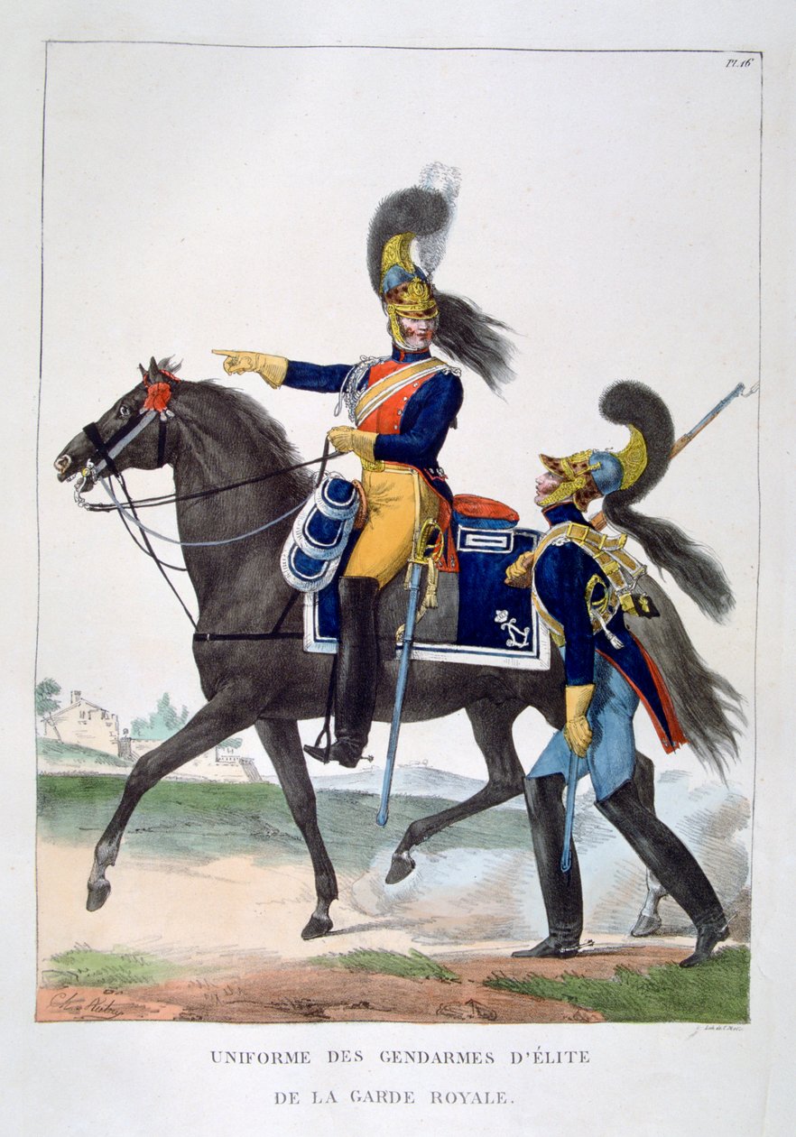 Uniform av elitegendarmene til den kongelige garde, Frankrike, 1823. av Charles Etienne Pierre Motte