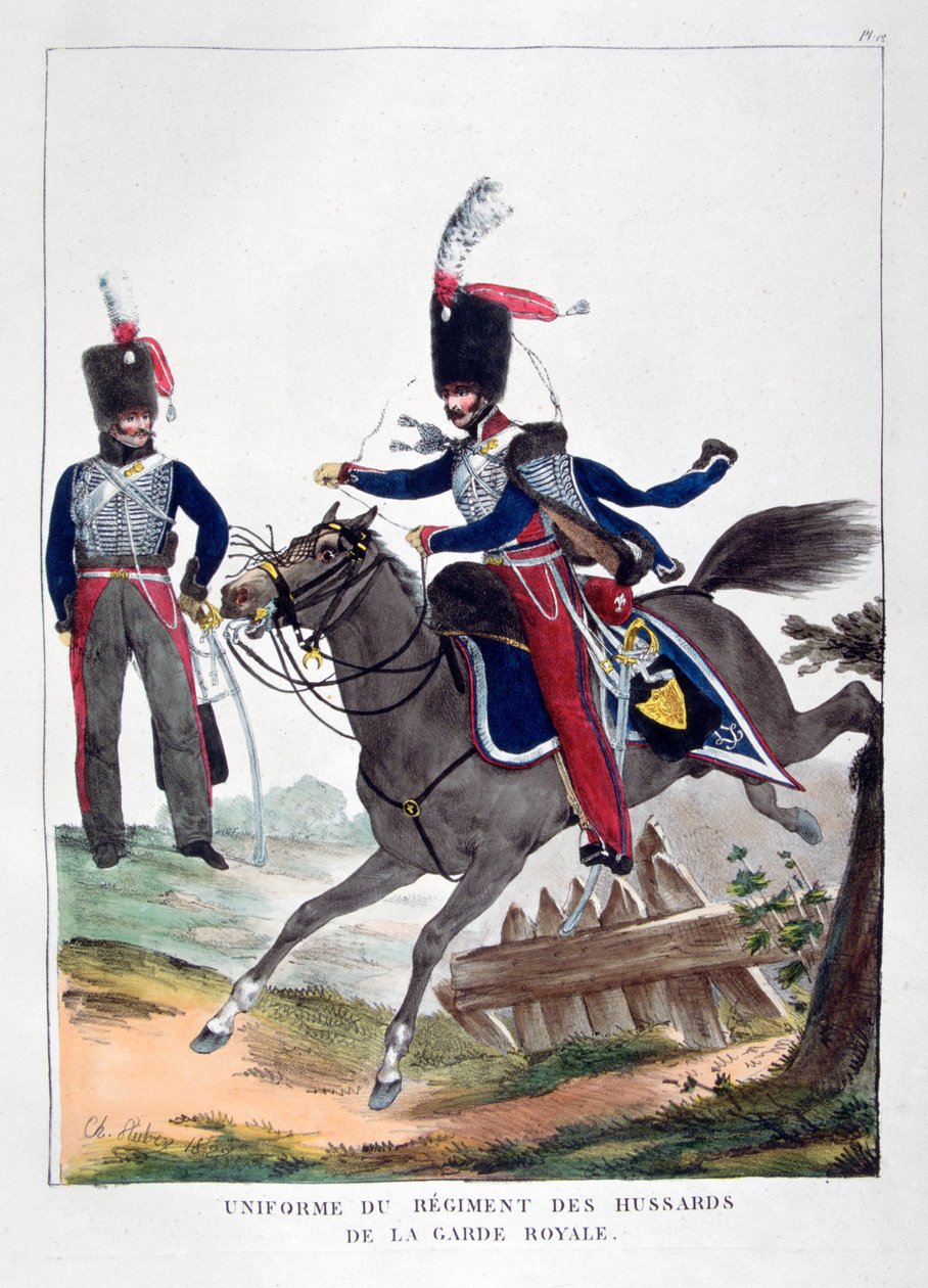 Uniformer av et regiment av husarer fra den franske kongegarden, 1823. av Charles Etienne Pierre Motte