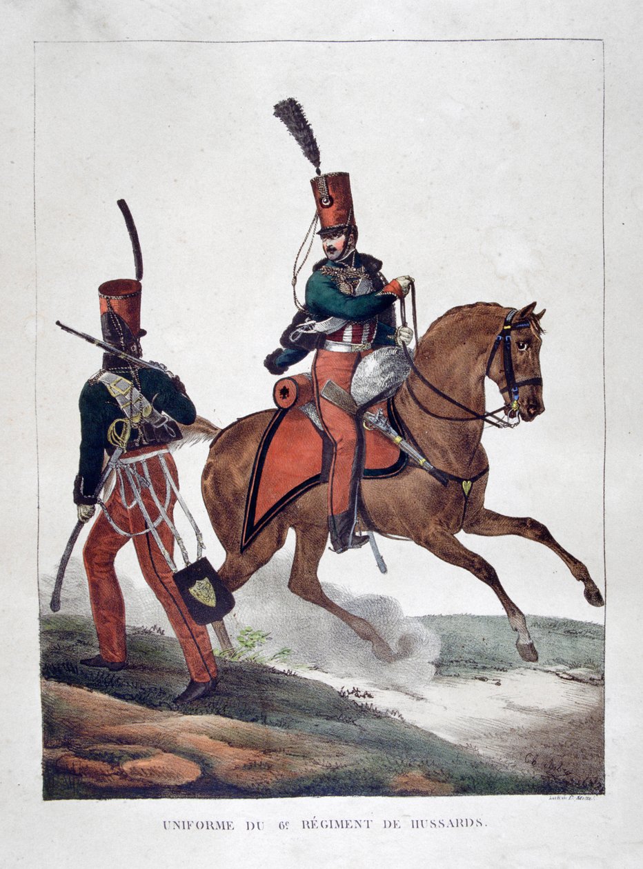 Uniformer fra det sjette regimentet av franske husarer, 1823. av Charles Etienne Pierre Motte