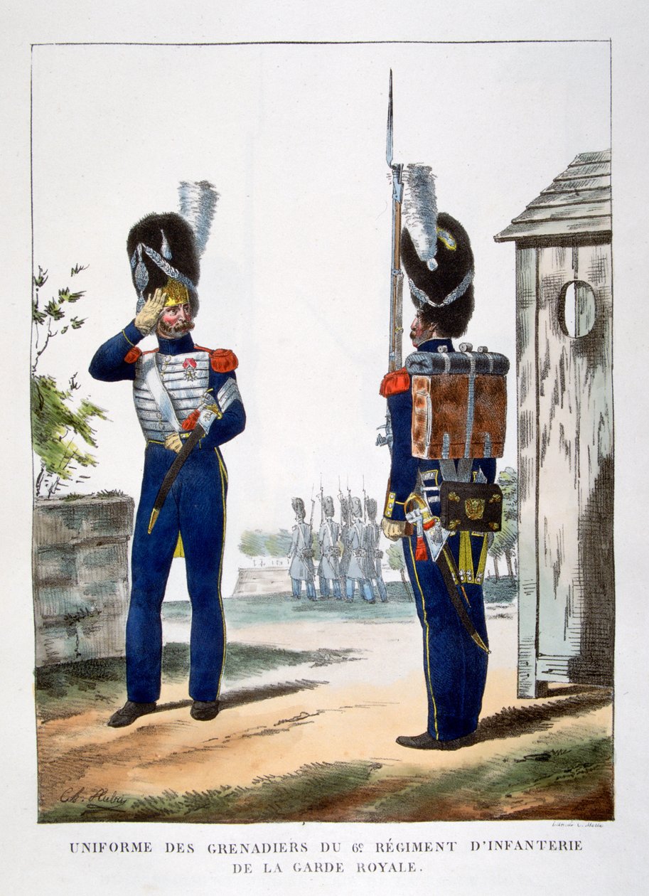 Uniformer av grenaderer.. av den franske kongegarden, 1823. av Charles Etienne Pierre Motte