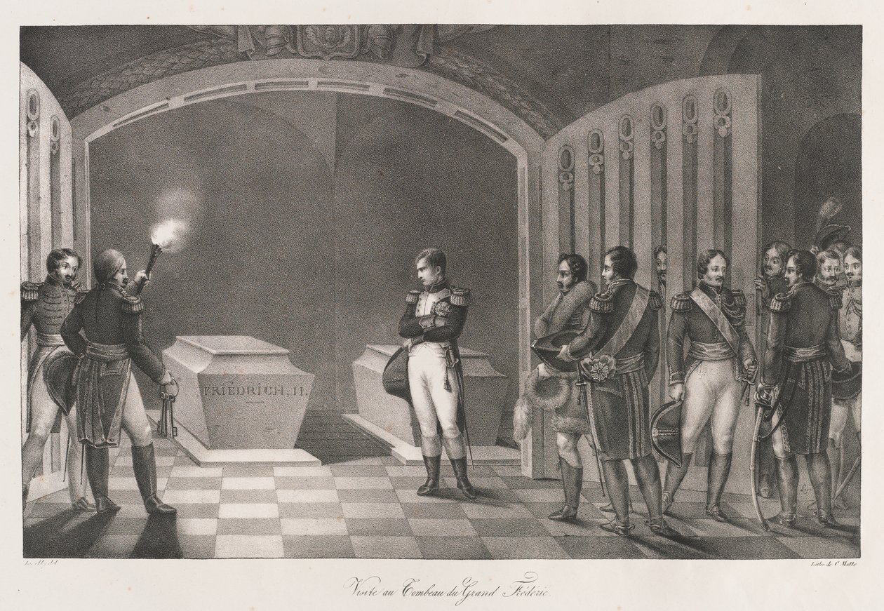 Besøk til graven til Fredrik den store, tidlig 1800-tallet (litho) av Charles Etienne Pierre Motte