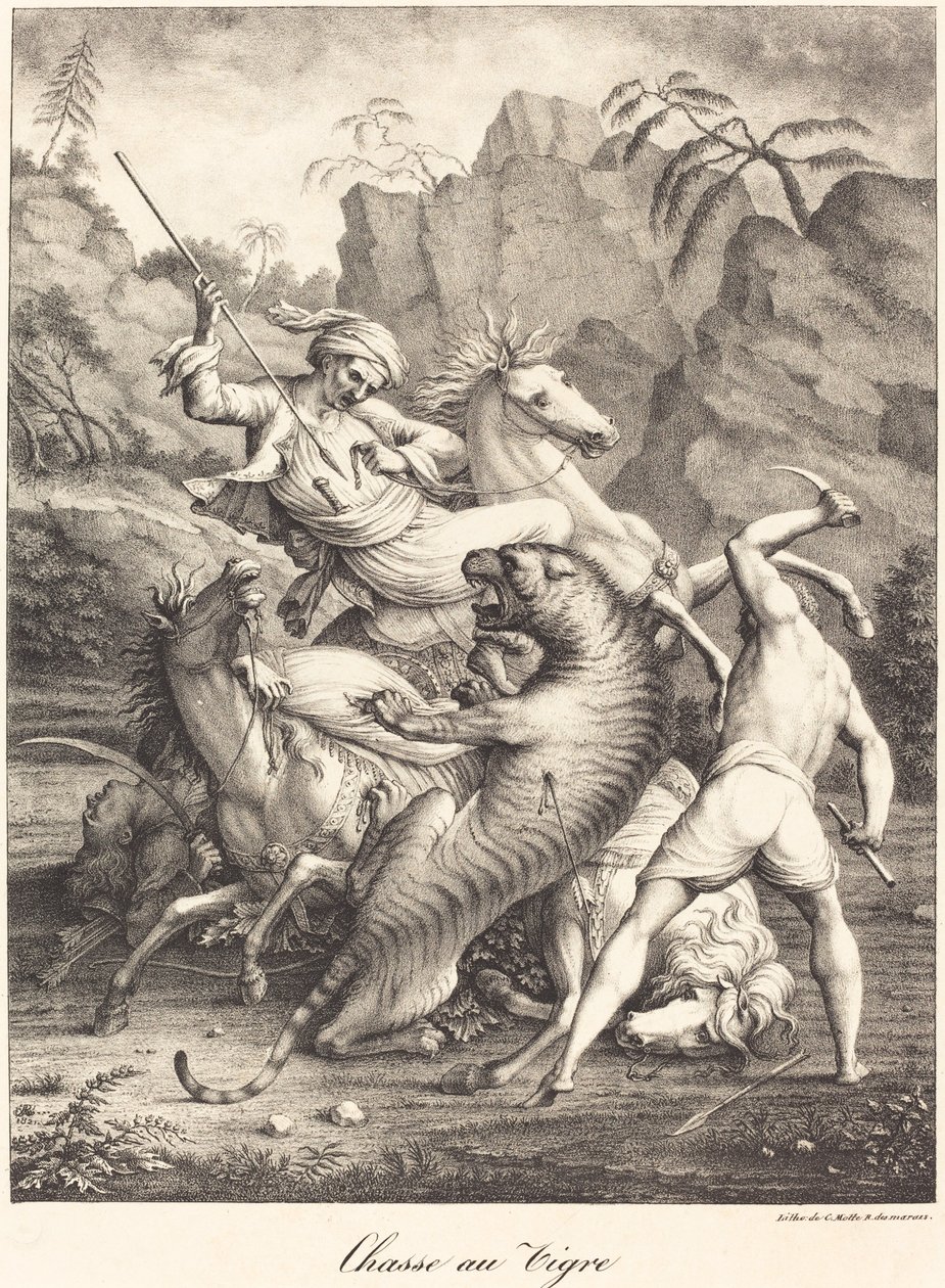 Tigerjakt av Charles Etienne Pierre Motte after Auguste Jacques Regnier