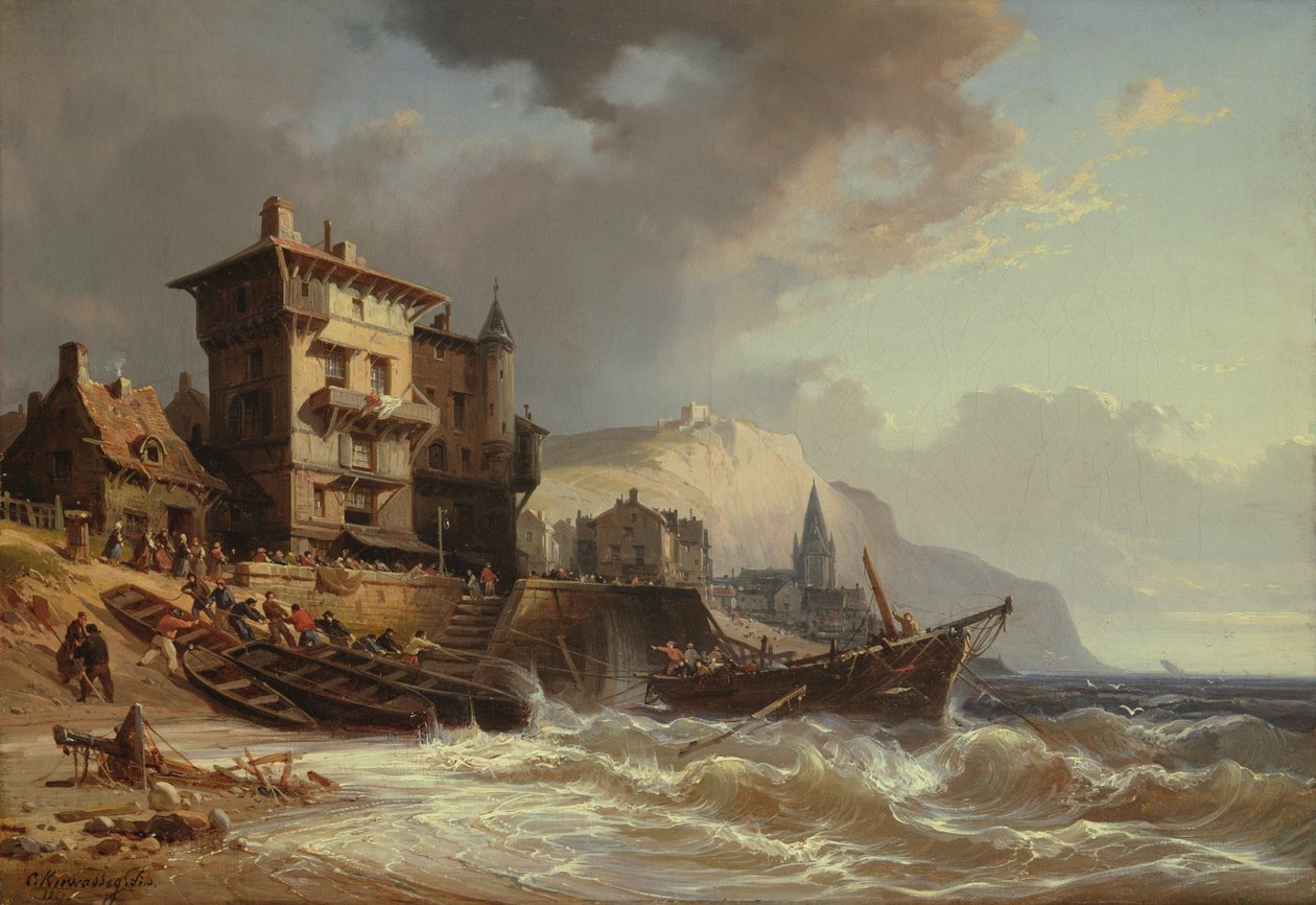 Haling båtene i land på kysten av Bretagne, 1800-tallet av Charles Euphrasie Kuwasseg