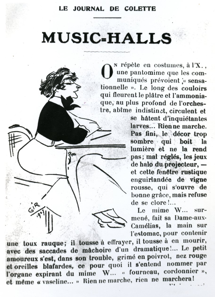 Karikatur av Colette fra essayet hennes om Music-Halls in Vrilles de la Vigne, publisert i La Vie Parisienne, Paris, 1908 av Charles Felix Gir