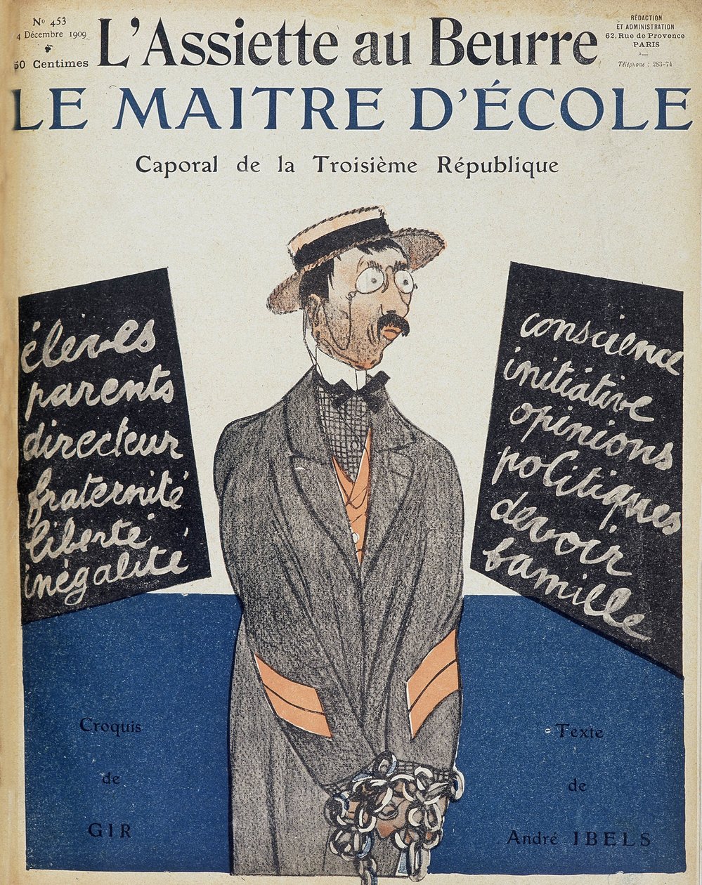 Skolemesteren, korporal i Den tredje republikk, illustrasjon av Charles Gir (1883 - 1941) - i "" L'Assiette au Butter"" av 04.12.1909. av Charles Felix Gir