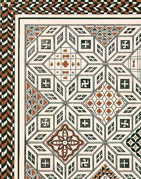 Design av et mosaikkfortau oppdaget i Nimes, sannsynligvis 2. eller 3. århundre, pub. av Day & Son (litho) av Charles Felix Marie (after) Texier