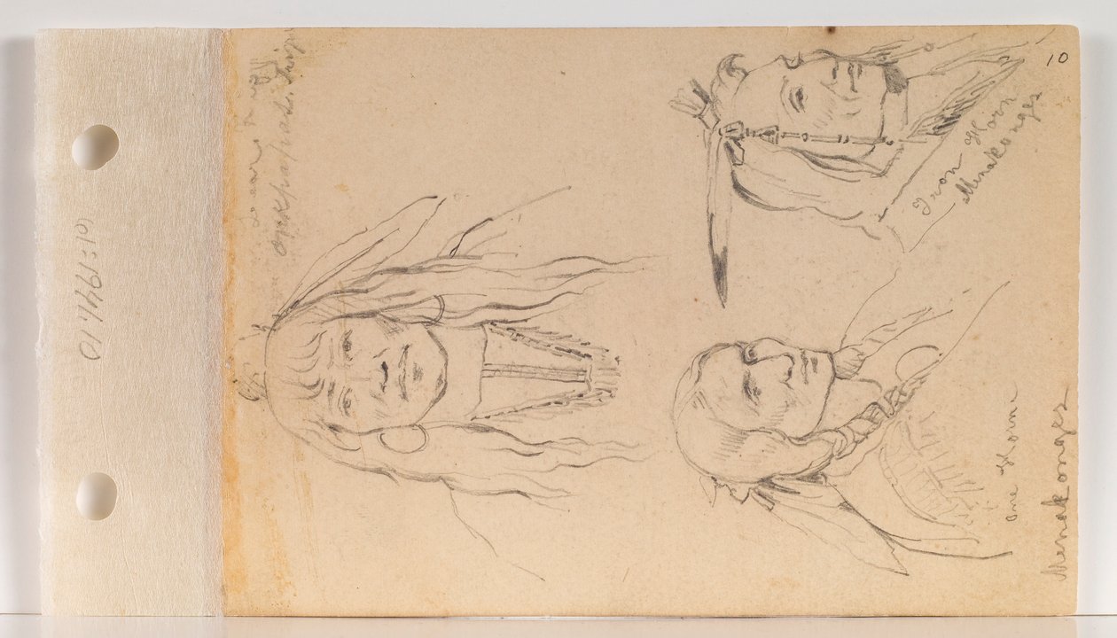Portretter av Mato Chuthuhu (bjørnens ribben), Ha won je tah (ett horn/ensomt horn) og Heh Mah Zah (jernhorn) (blad 10 recto) av Charles Ferdinand Wimar