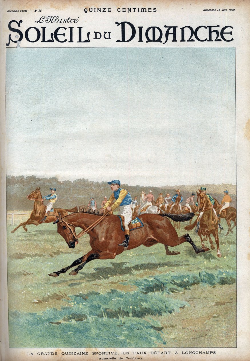Hesteveddeløp: "" The great sports forzaine: en tjuvstart på Longchamps veddeløpsbane"". Akvarell av Condamy Gravering i "" Le sun-du-dimanche"", 18. juni av Charles Fernand de (after) Condamy