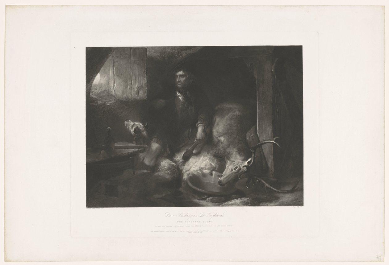 Hjort som forfølger i høylandet. Posen er begge deler'. Etter Edwin Landseer, med adresser til Boys and Graves og Gambart av Charles Fox