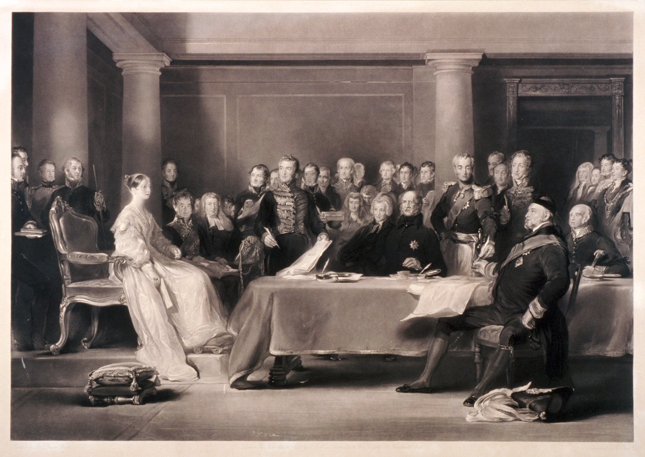 Dronning Victoria presiderte i rådet ved hennes tiltredelse til tronen, 1846 av Charles Fox