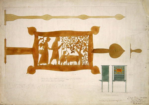 Design for et skrivebord i messing av Charles Francis Annesley Voysey