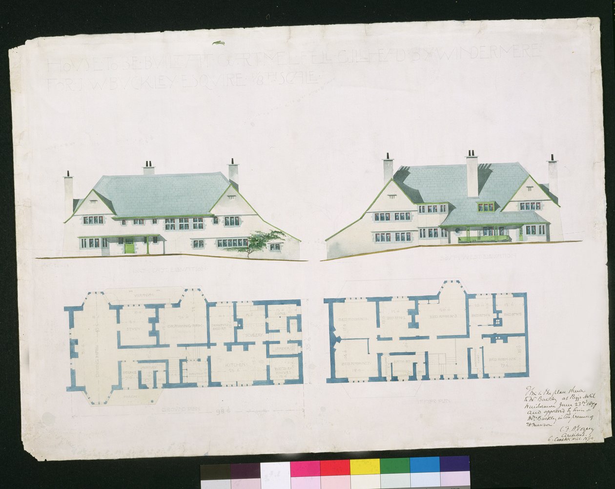 Hus som skal bygges ved Gartmel Fell Gillhead, Windermere for J.W. Buckley Esquire, 1899 (wc og blyant på papir) av Charles Francis Annesley Voysey