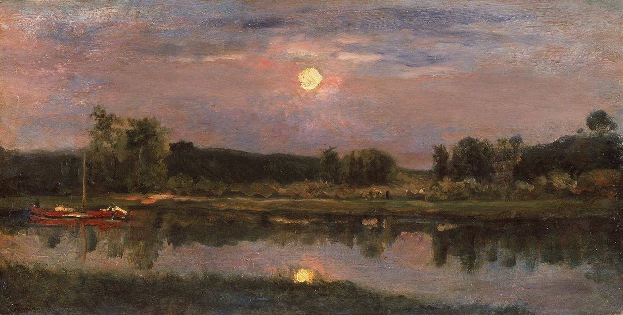 A Moonlit River Landscape, ca. 1855 (olje om bord) av Charles Francois Daubigny
