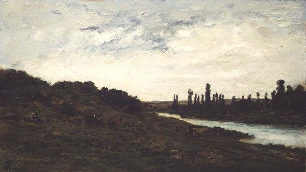 Gjeter og storfe i et skogkledd elvelandskap av Charles Francois Daubigny