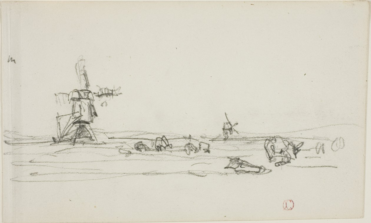 Landskap i Holland (rekto); skisse av vindmøller ved vann (verso) av Charles Francois Daubigny