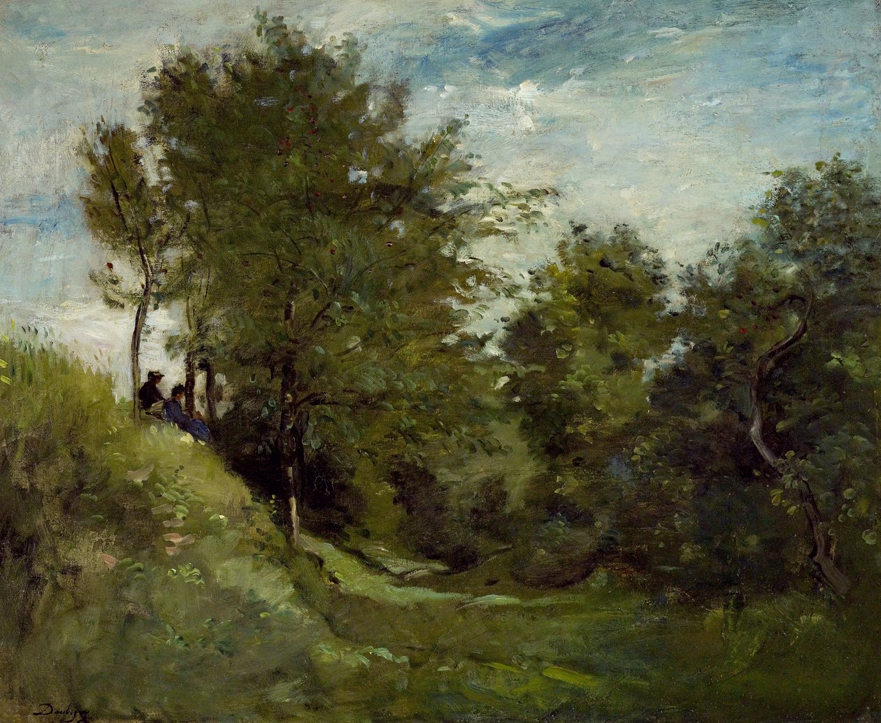 Landskap med figurer sittende på en bank, slutten av 1870-tallet av Charles Francois Daubigny