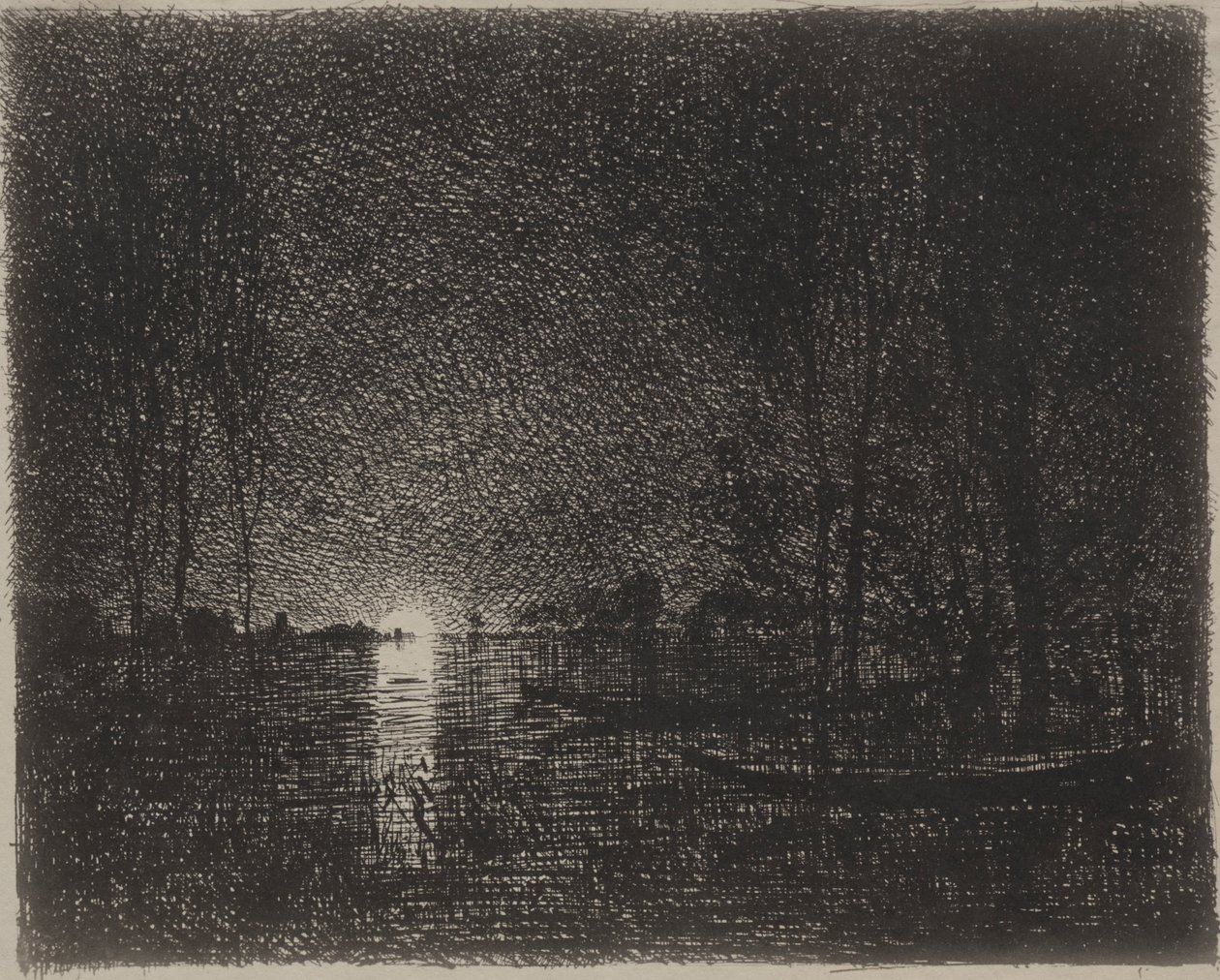Nattstykke, originalt inntrykk 1862, trykt i 1921. av Charles Francois Daubigny