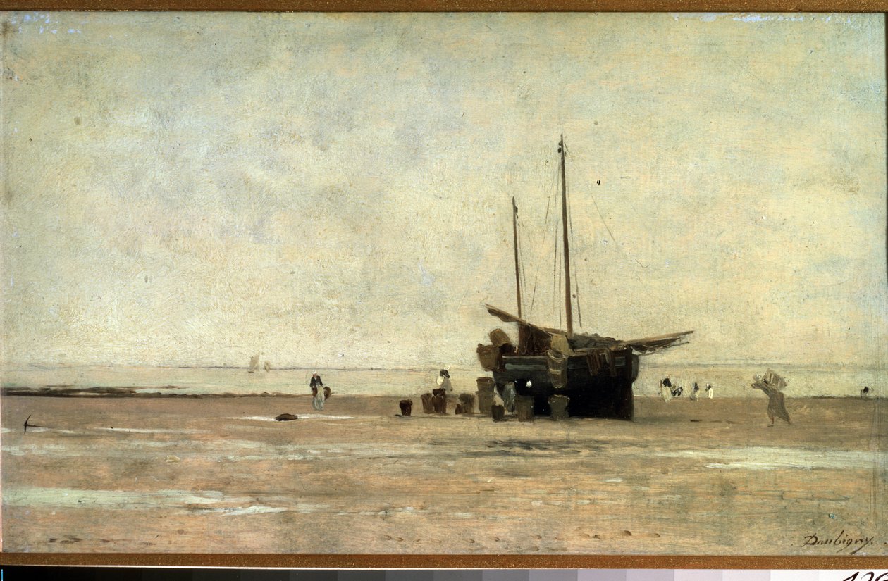 ""Seascape"" En seilbåt på sanden ved lavvann. Maleri av Charles Francois Daubigny (1817-1878) 1868-1872 Pushkin-museet, Moskva av Charles Francois Daubigny