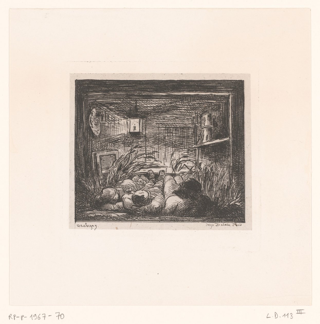 Sovende menn i en hytte Sofa à bord du Bottin Serier med landskap og hendelser rundt vann (serietittel) Voyage en bateau (serietittel) av Charles Francois Daubigny