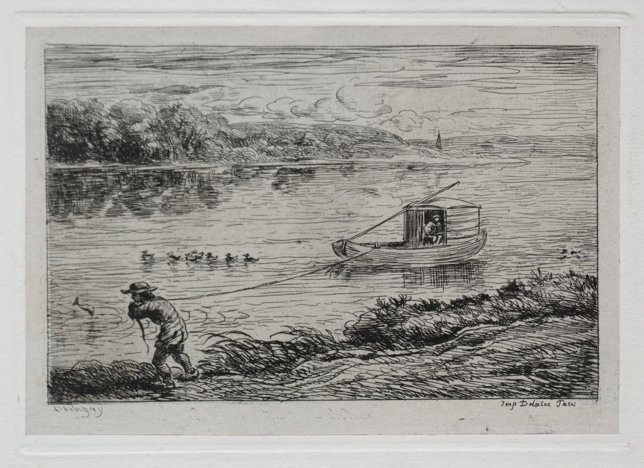 Båtturen: Hyttegutt som drar slepetauet eller drar med tau av Charles Francois Daubigny