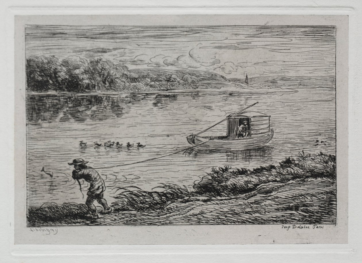 Båtturen: Cabin Boy Hauling the Tow-Rope eller Hauling by Rope, 1861. av Charles Francois Daubigny