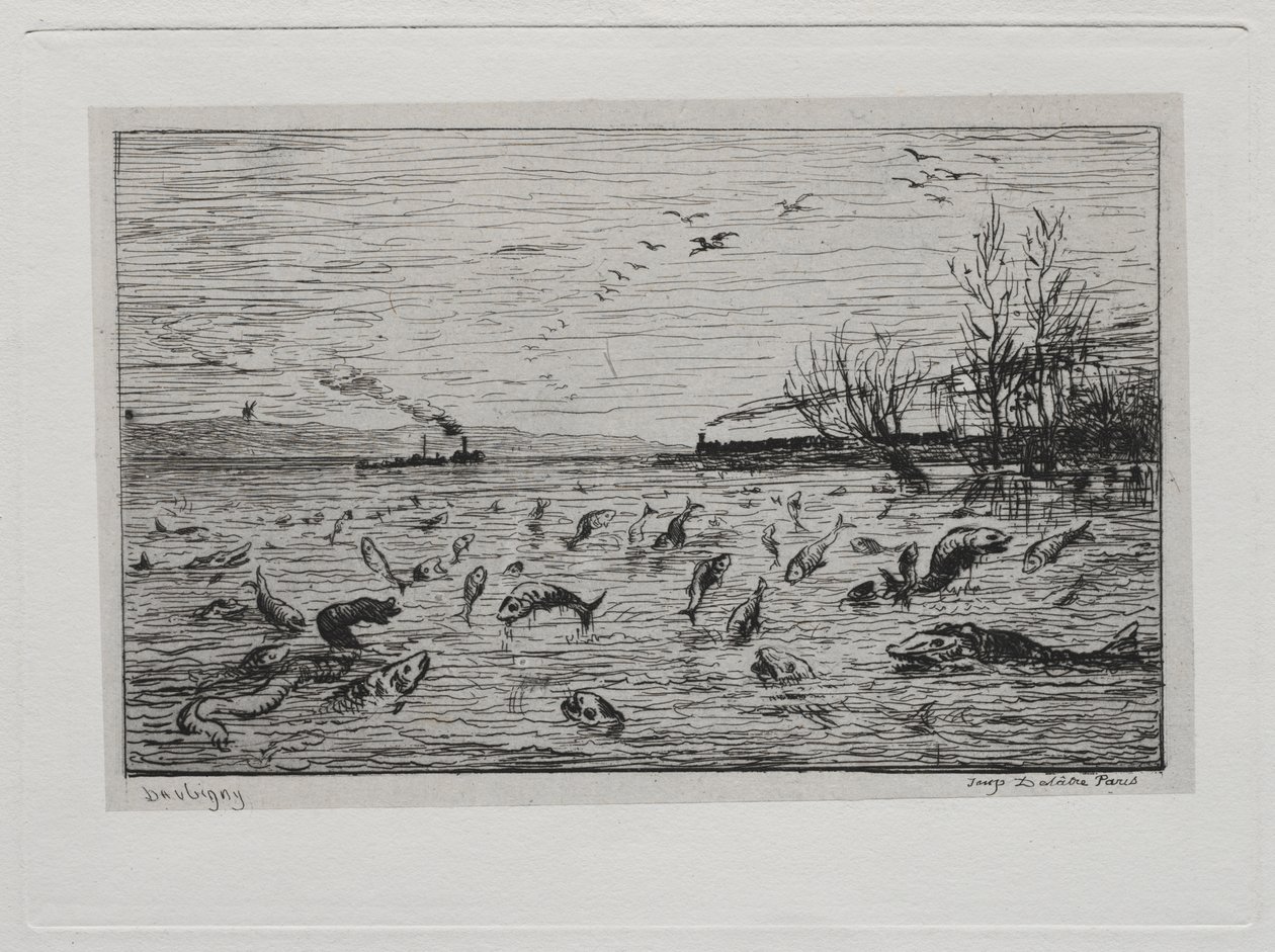 Båtturen: Fiskens glede ved hytteguttens avgang (fisken) av Charles Francois Daubigny