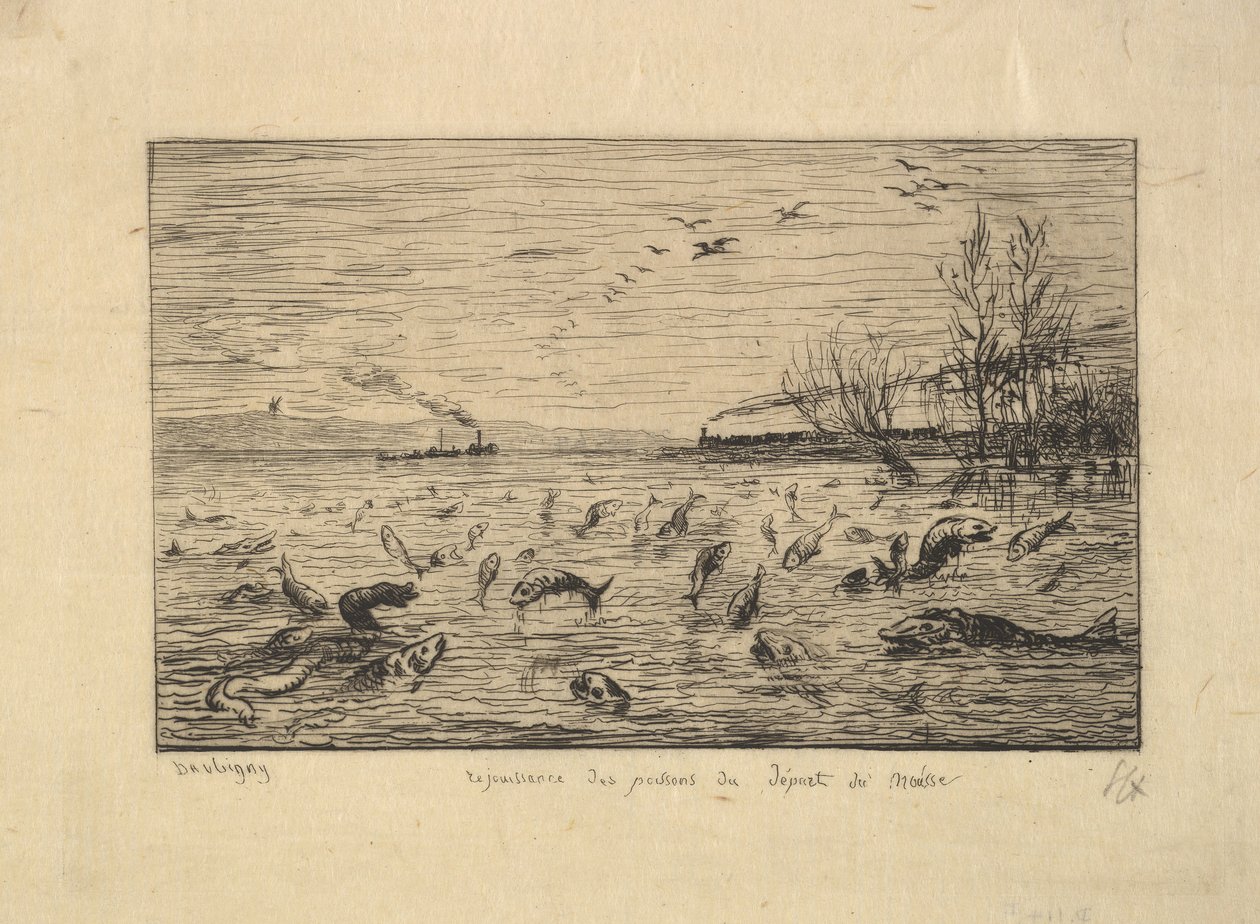 Fisken gleder seg over hytteguttens avgang, 1861. av Charles Francois Daubigny