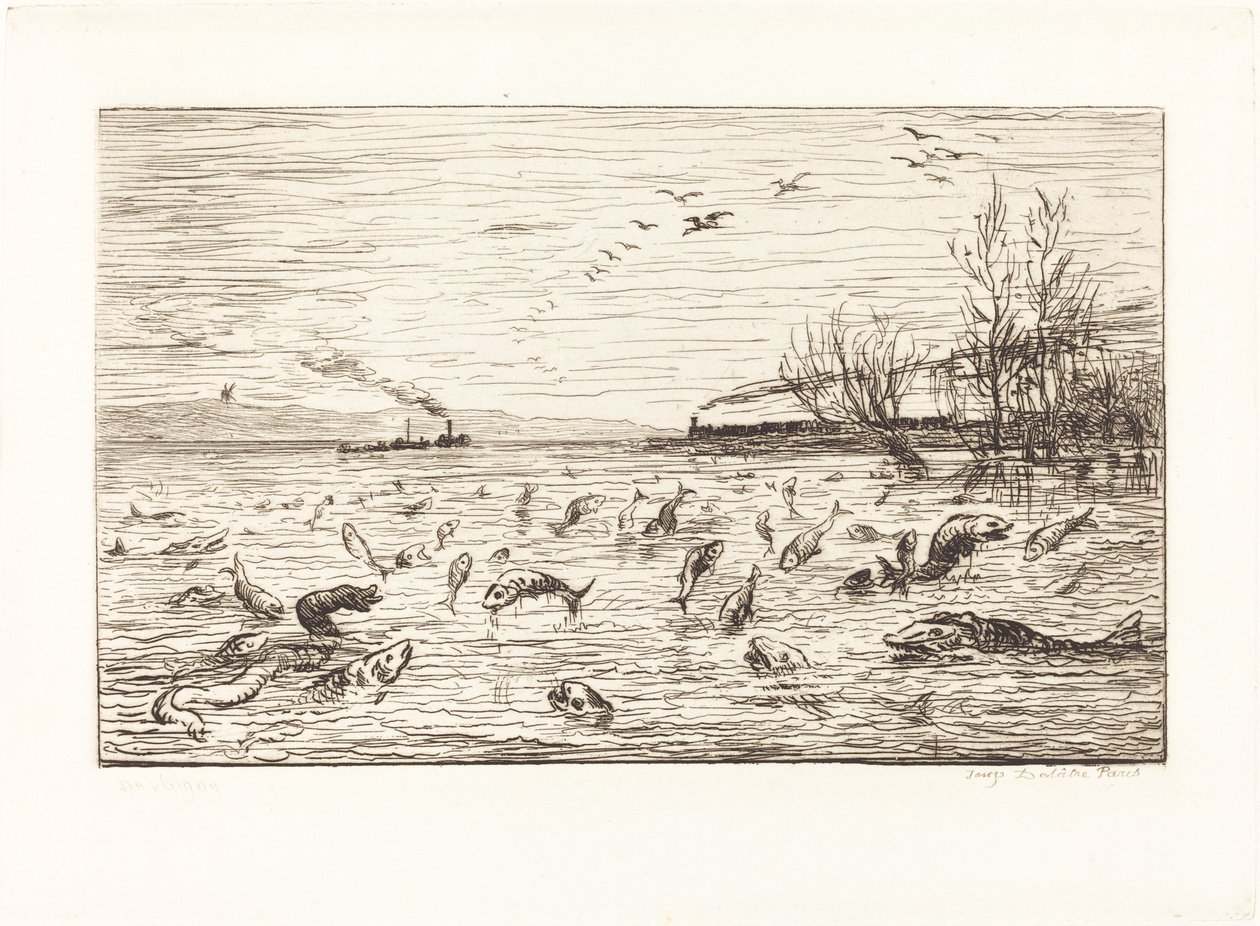Fisken gleder seg når hyttegutten går (Rejouissances de poissons du depart du mo av Charles Francois Daubigny