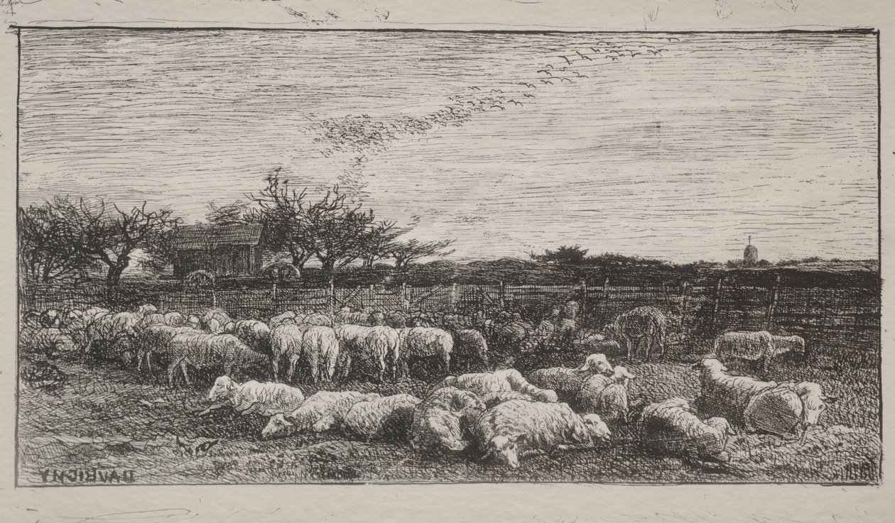 The Large Sheepfold, originalt avtrykk 1862, trykt i 1921. av Charles Francois Daubigny