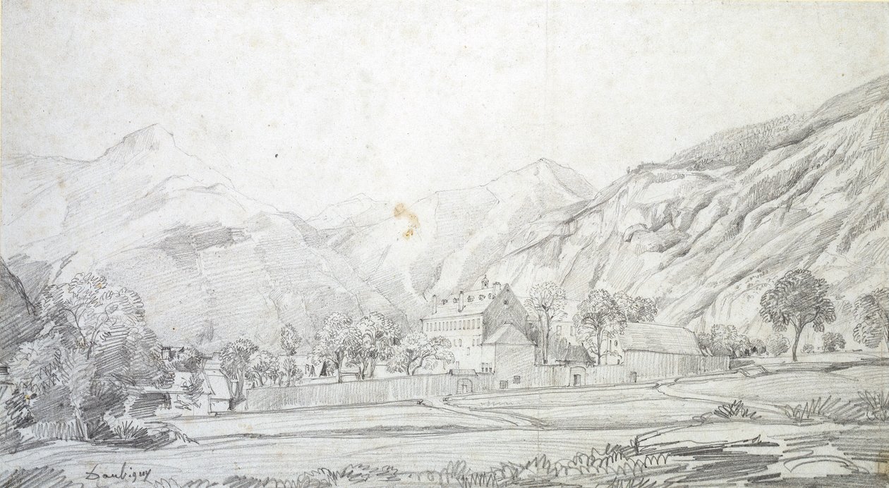 Utsikt over bygninger i en inngjerdet innhegning med fjell i bakgrunnen, midten av 1800-tallet av Charles Francois Daubigny