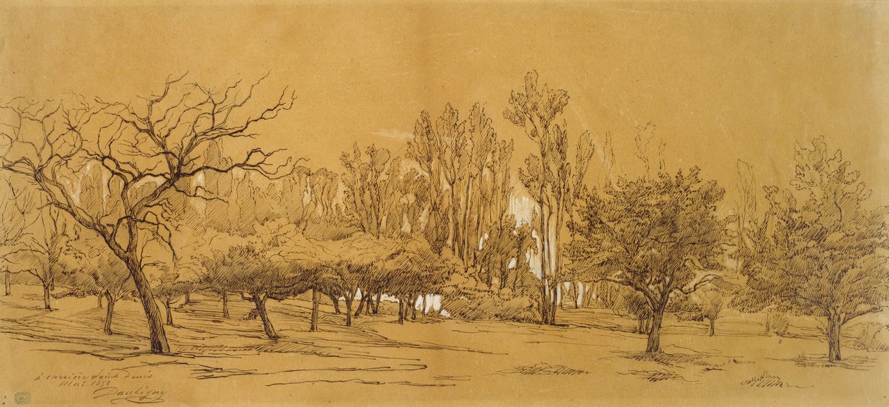 Utsikt over en frukthage ved Saint-Denis (penn og svart blekk, forsterket med hvit kroppsfarge og berørt med svart kritt eller kull, på stivt off-white papir) av Charles Francois Daubigny