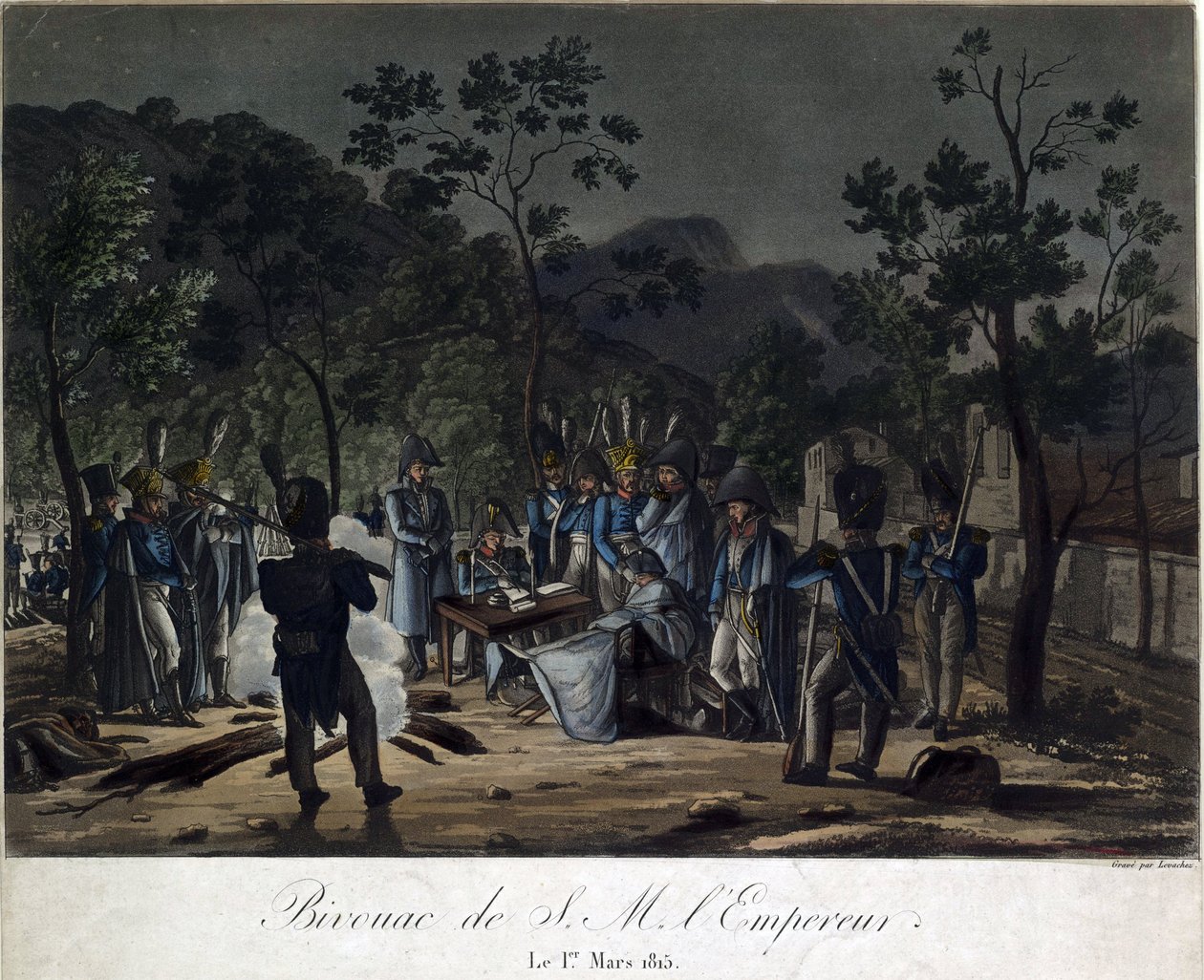 Napoleons retur fra Elba. Napoleons bivuakk ved Golfe-Juan 1. mars 1815 - Levachez, Charles Francois Gabriel (aktiv 1760-1820) - 1815 - Akvatint - 29,5x30 - Privat samling av Charles Francois Gabriel Levachez