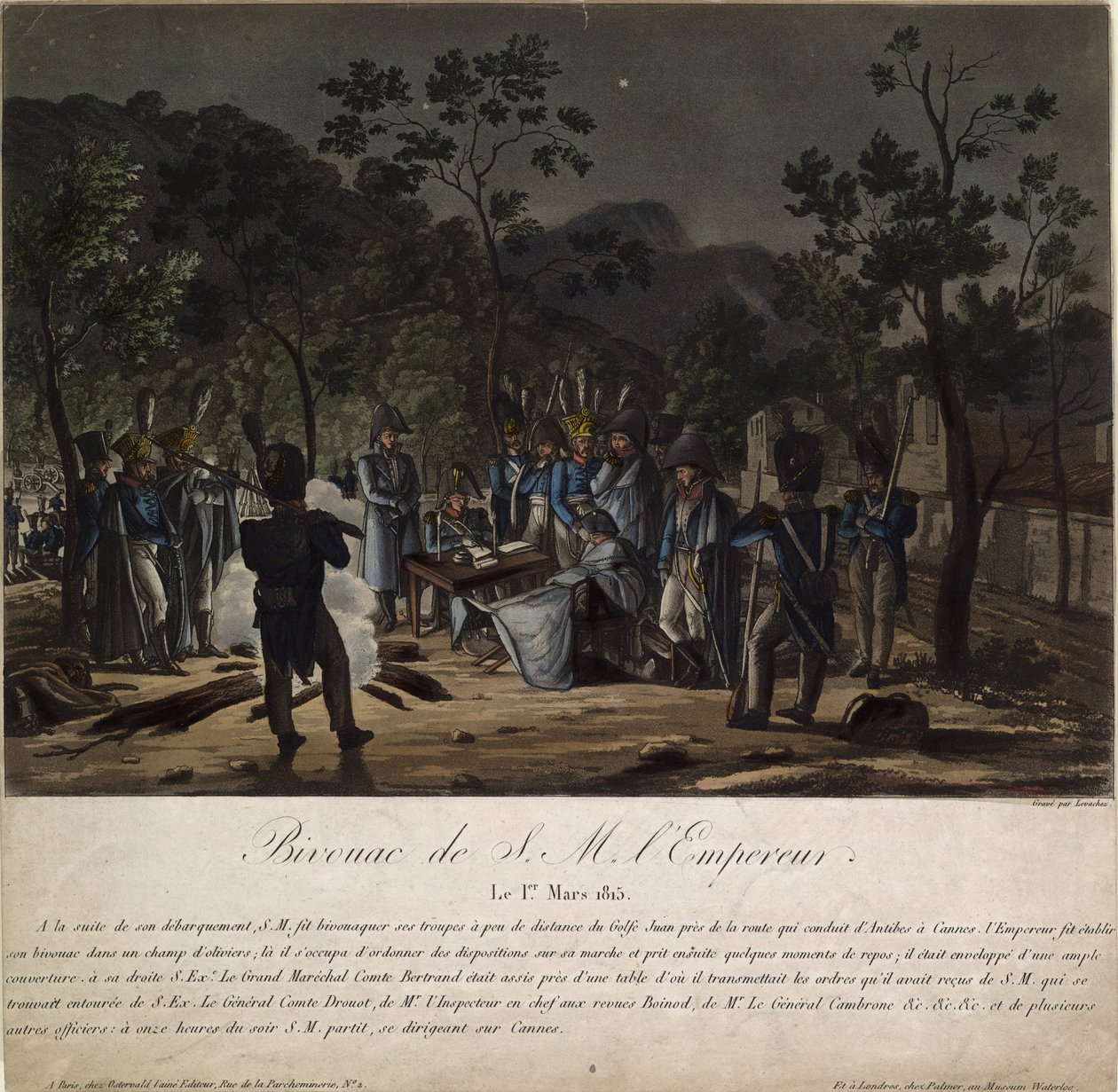 Napoleons retur fra Elba. Napoleons bivuakk ved Golfe-Juan 1. mars 1815, 1815 av Charles Francois Gabriel Levachez