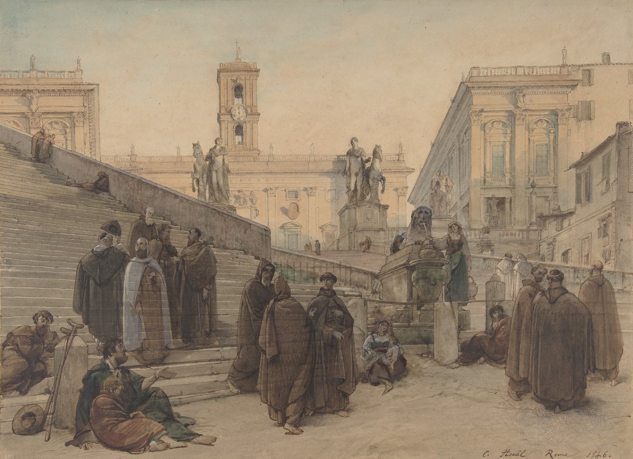 Campidoglio sett fra trappen til Aracoeli-kirken, Roma, ved solnedgang, 1846. av Charles Francois Houel