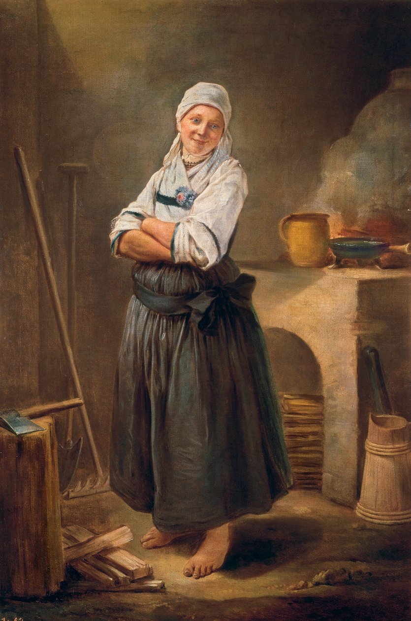 En ung kvinne fra Sachsen på kjøkkenet hennes. Maleri av Charles Francois Hutin (1715-1776). 1756. av Charles Francois Hutin