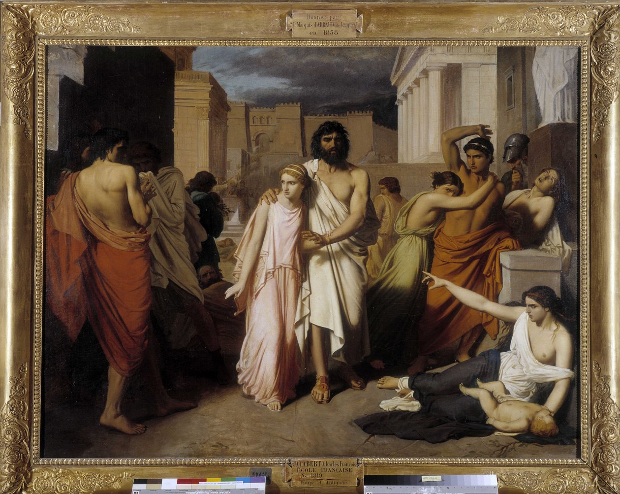 Ødipus og Antigone sier også "Thebenes pest"". Ødipus flykter fra innbyggernes forbannelse av Charles François Jalabert