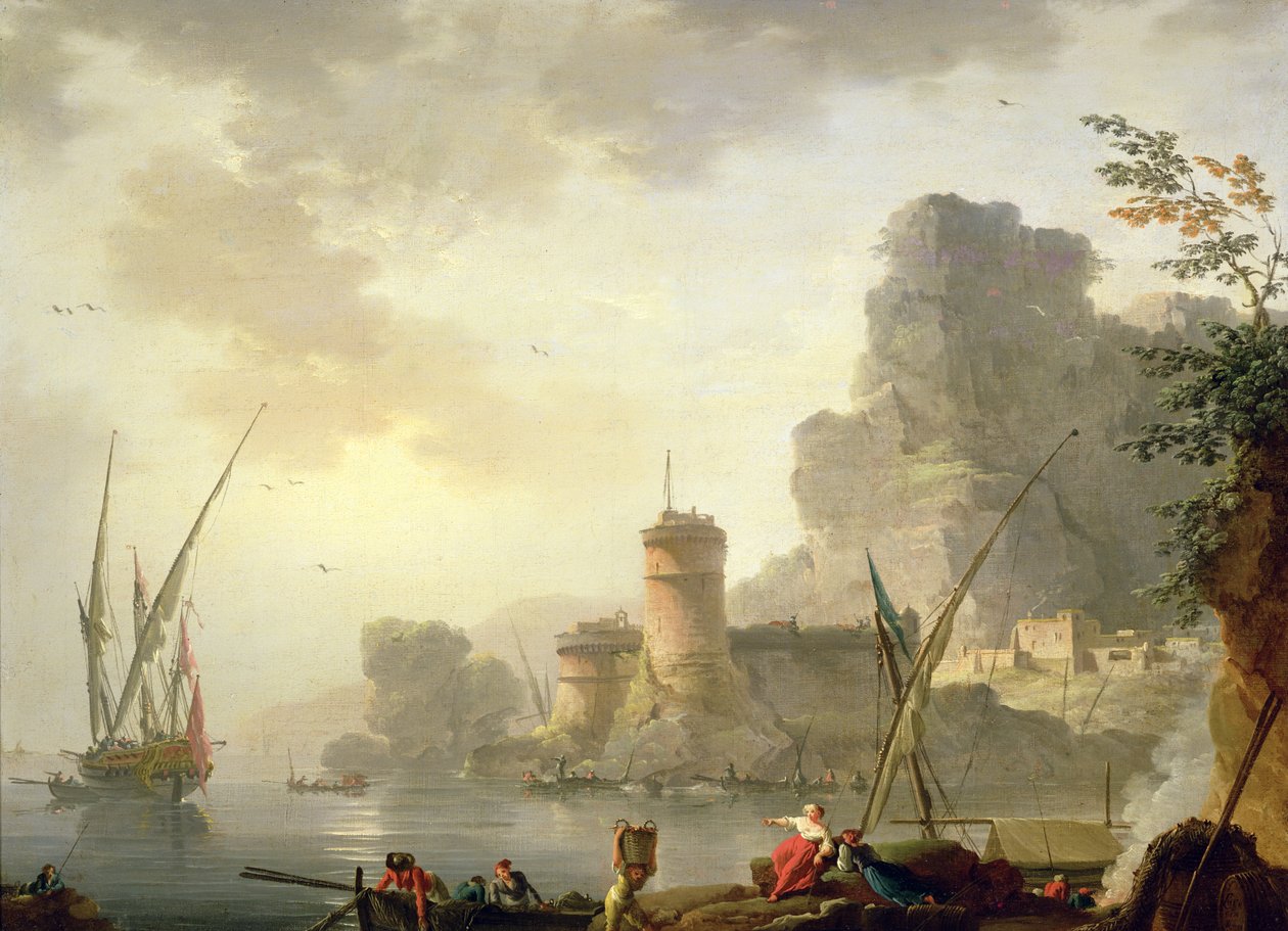 En middelhavshavnscene ved solnedgang av Charles Francois Lacroix de Marseille