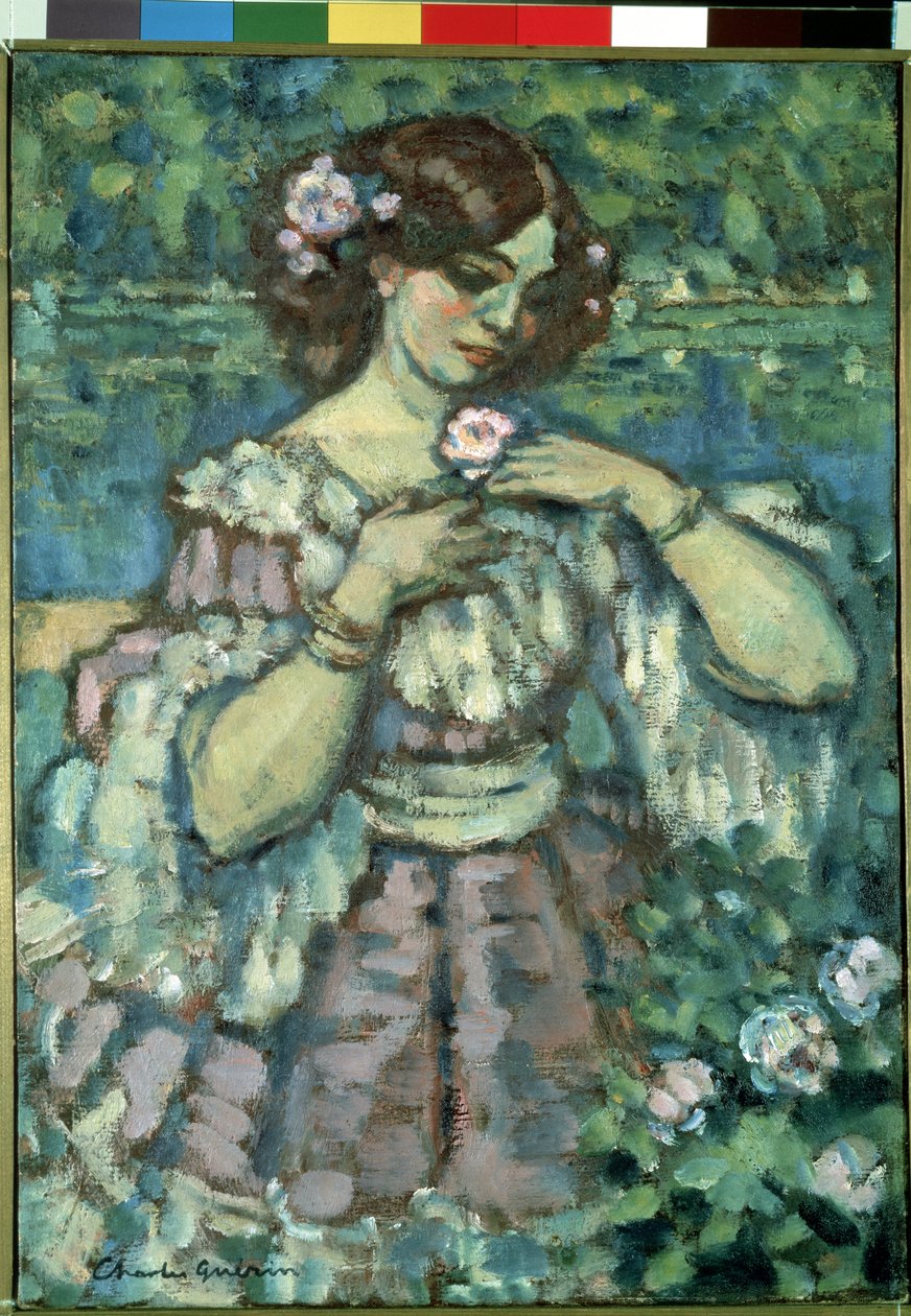 Jente med en rose. Maleri av Charles Guerin (1875-1939) av Charles Francois Prosper Guerin